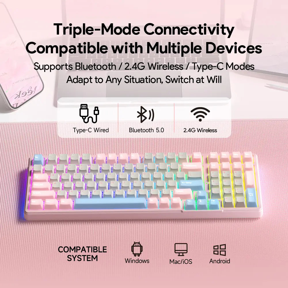 FURYCUBE K99 Pro Wireless Creamy Mechanical Keyboard Bluetooth / 2.4G 3 Modes Side Engraved Gaming Keyboard for Laptop Computer 99 Keys RGB PBT Keycaps 3/5 Pin Hot-Swappable,Cream Sound,Keyboard Designed for Career Women Tiktokshopspringglowup