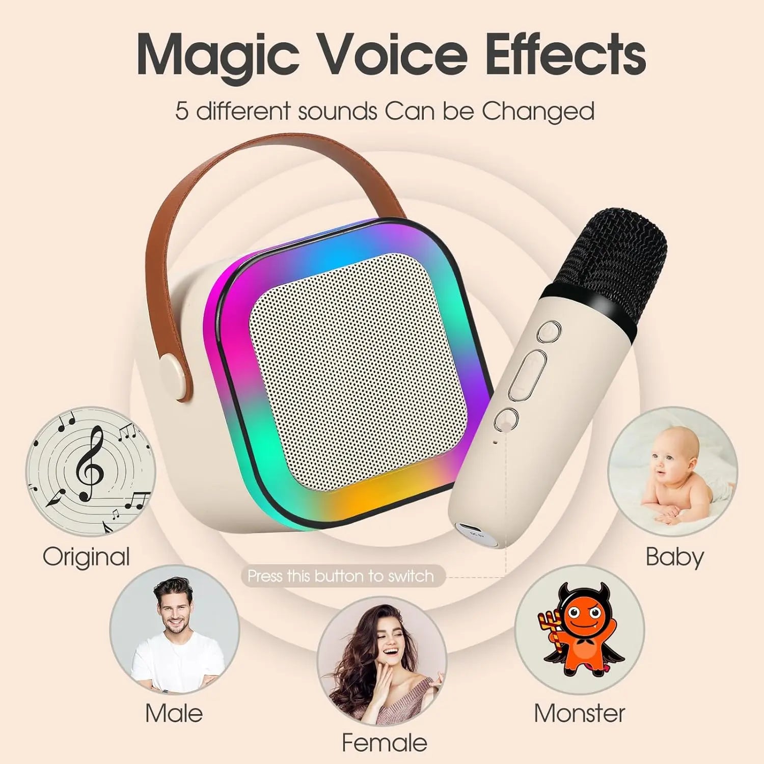Mini Karaoke Machine with 2 Microphones, Wireless BT Speaker,Bluetooth Speaker with LED Nightlight, Bluetooth Party Pink Karaoke
