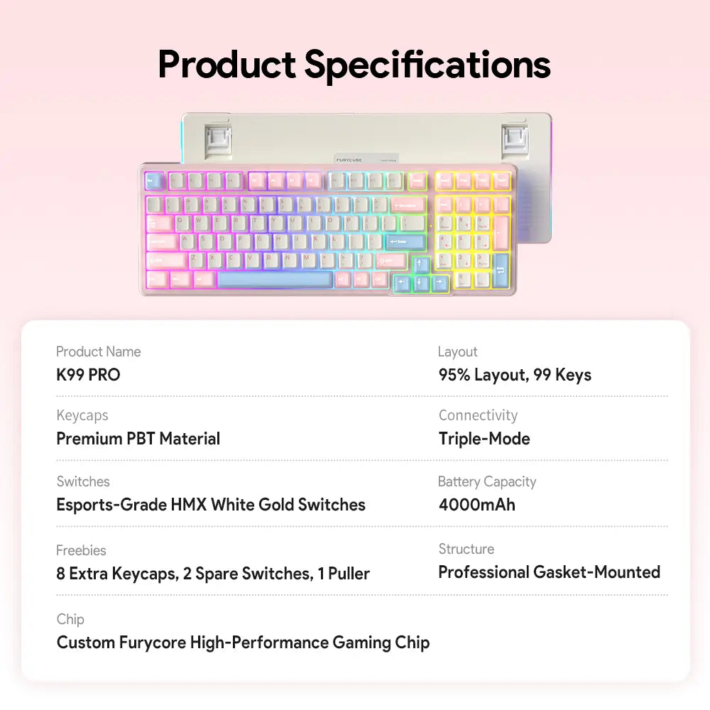 FURYCUBE K99 Pro Wireless Creamy Mechanical Keyboard Bluetooth / 2.4G 3 Modes Side Engraved Gaming Keyboard for Laptop Computer 99 Keys RGB PBT Keycaps 3/5 Pin Hot-Swappable,Cream Sound,Keyboard Designed for Career Women Tiktokshopspringglowup