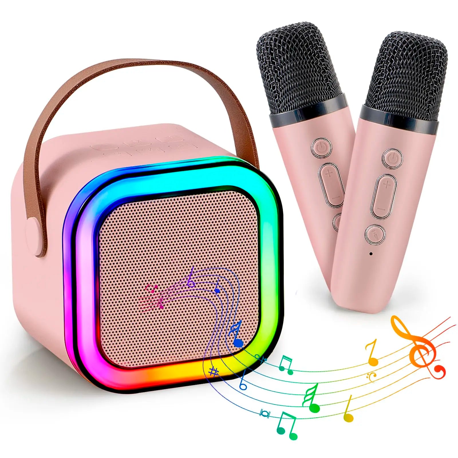 Mini Karaoke Machine with 2 Microphones, Wireless BT Speaker,Bluetooth Speaker with LED Nightlight, Bluetooth Party Pink Karaoke