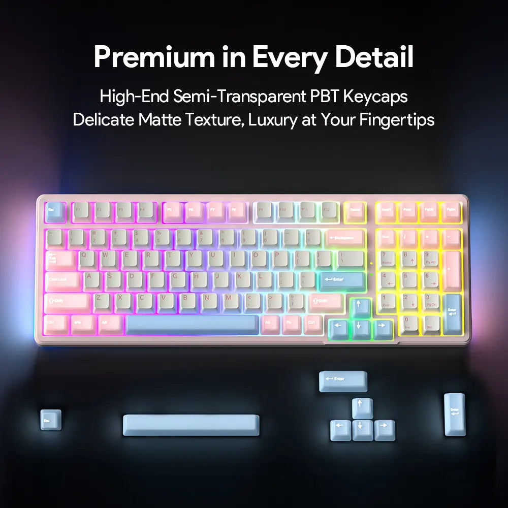 FURYCUBE K99 Pro Wireless Creamy Mechanical Keyboard Bluetooth / 2.4G 3 Modes Side Engraved Gaming Keyboard for Laptop Computer 99 Keys RGB PBT Keycaps 3/5 Pin Hot-Swappable,Cream Sound,Keyboard Designed for Career Women Tiktokshopspringglowup