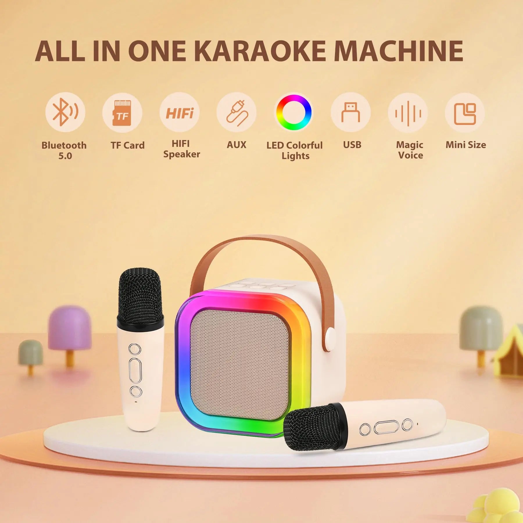 Mini Karaoke Machine with 2 Microphones, Wireless BT Speaker,Bluetooth Speaker with LED Nightlight, Bluetooth Party Pink Karaoke
