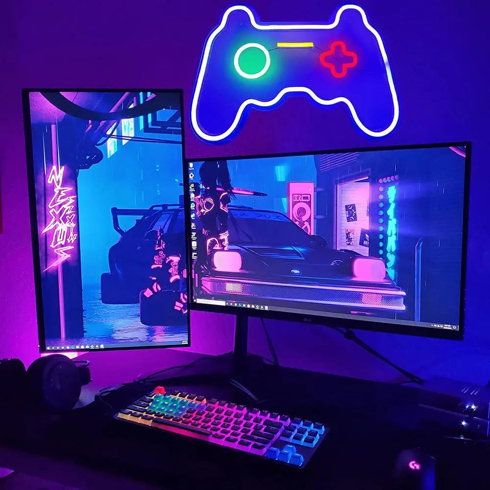 ROSNEK Acrylic LED Neon Game Controller Sign, 200Cm Usb-Powered Lights with Wall Mount, Ambient Night Lights for Gamer Man Cave, Bedroom Home Decor Accessory