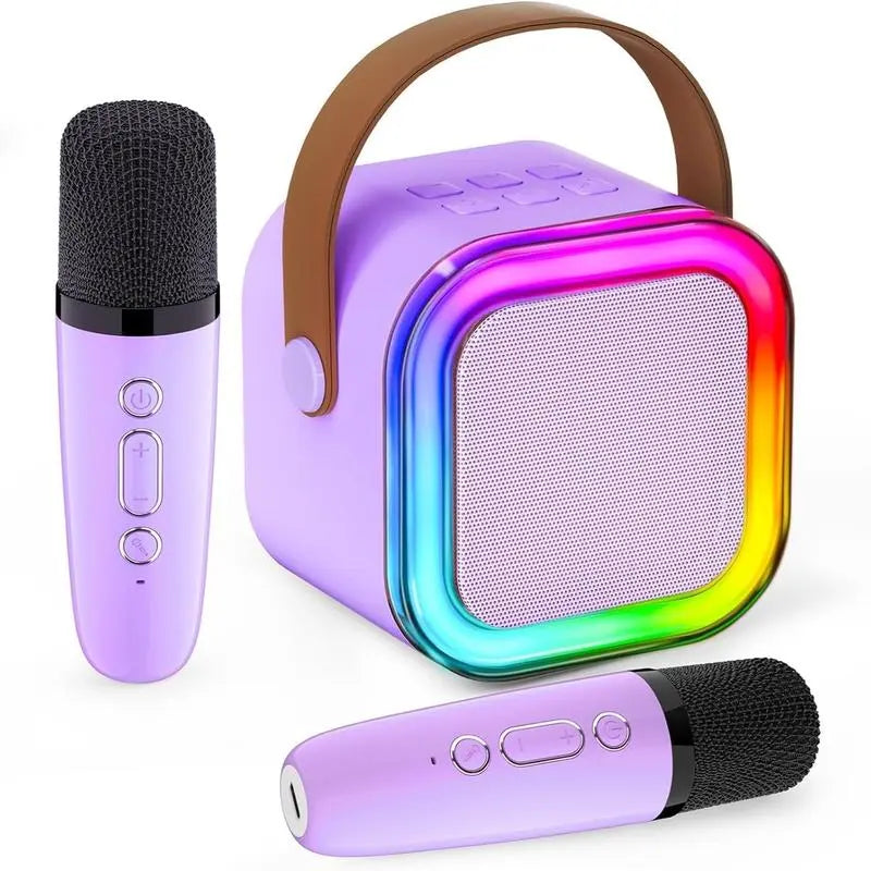 Mini Karaoke Machine with 2 Microphones, Wireless BT Speaker,Bluetooth Speaker with LED Nightlight, Bluetooth Party Pink Karaoke